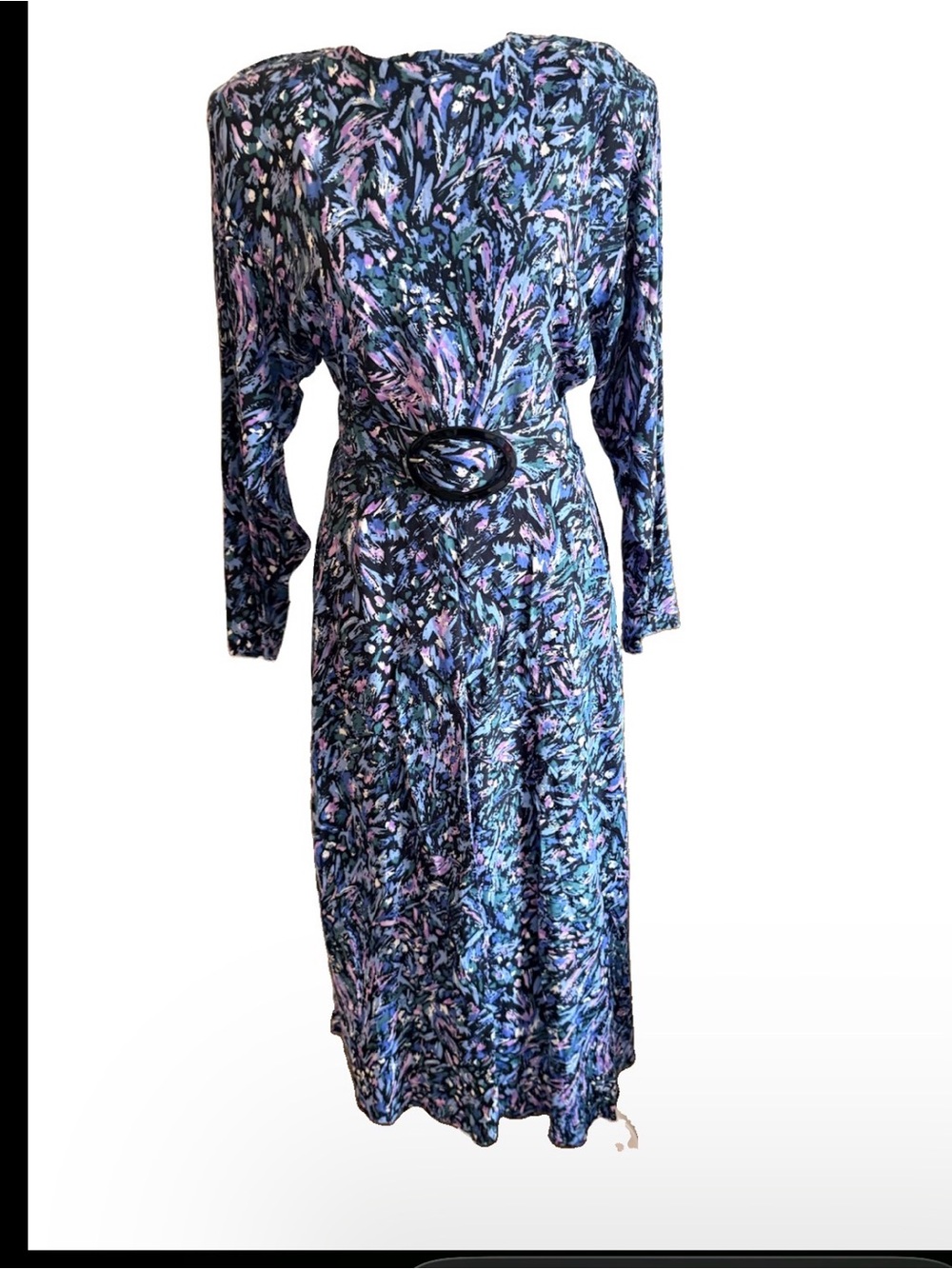 Vtg 80s Express cool tone Floral Long Sleeve Belted Dress Cottagecore made in us